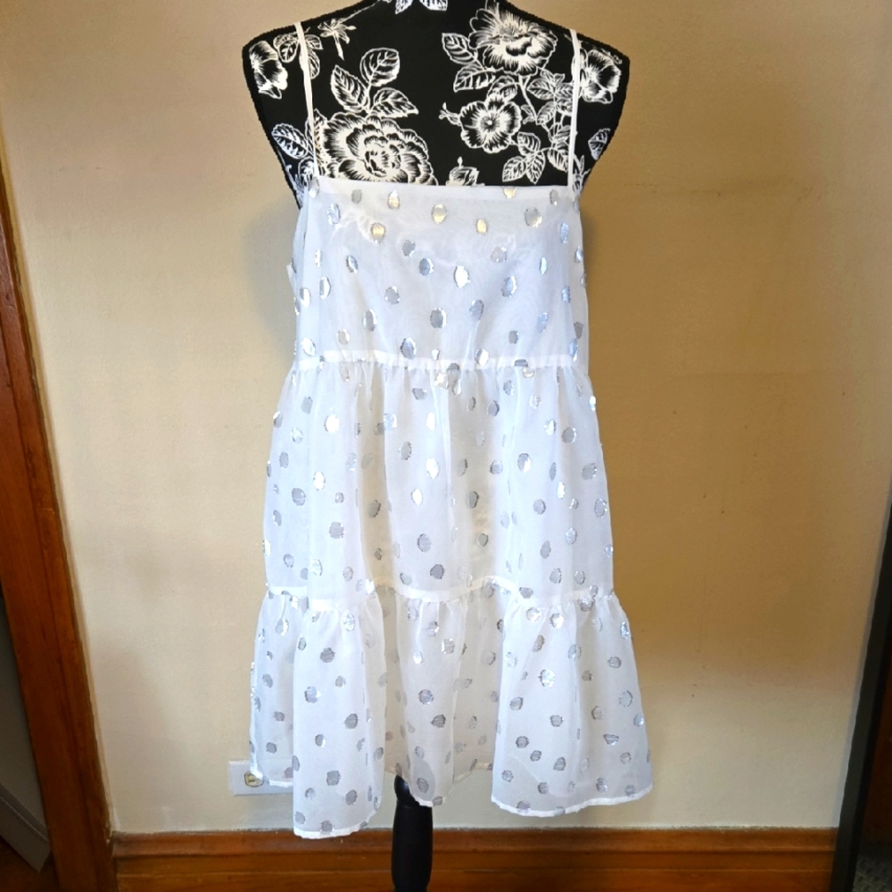 NWT Womens Size Large Forever 21 Baby Doll Dress White And Silver Polka Dot